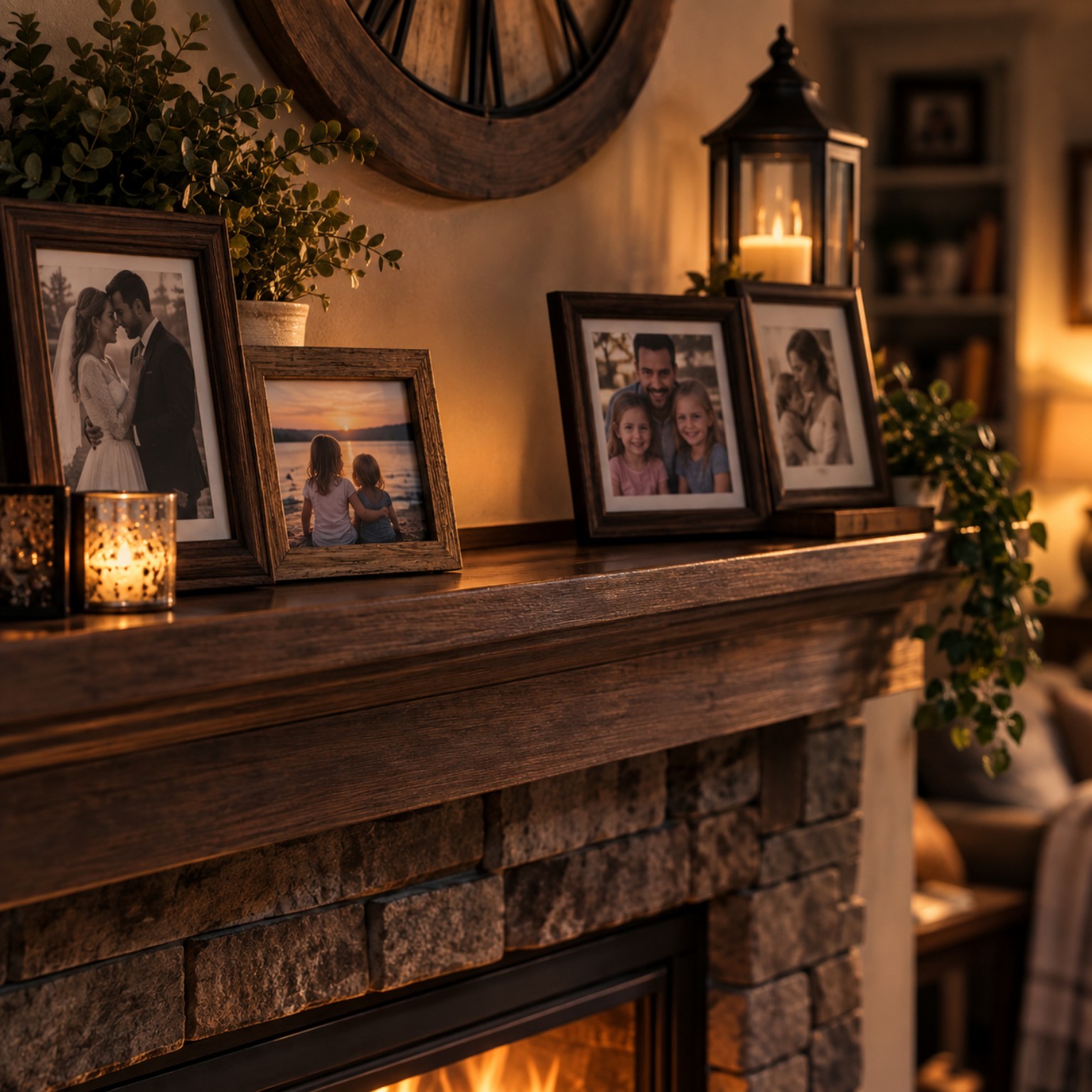 Family photographs arranged across a warmly lit fireplace mantle