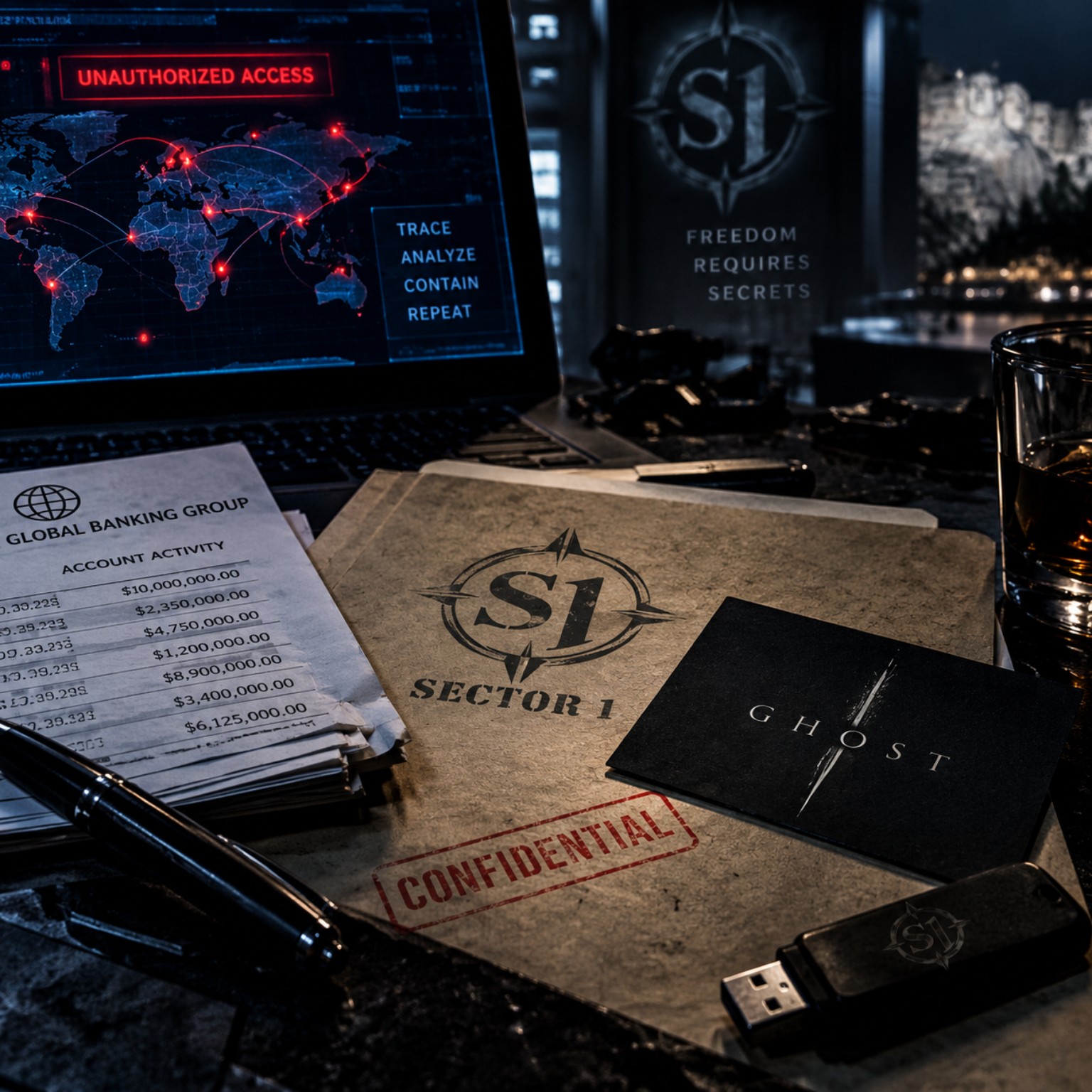 Classified Sector 1 files beside an unauthorized access warning