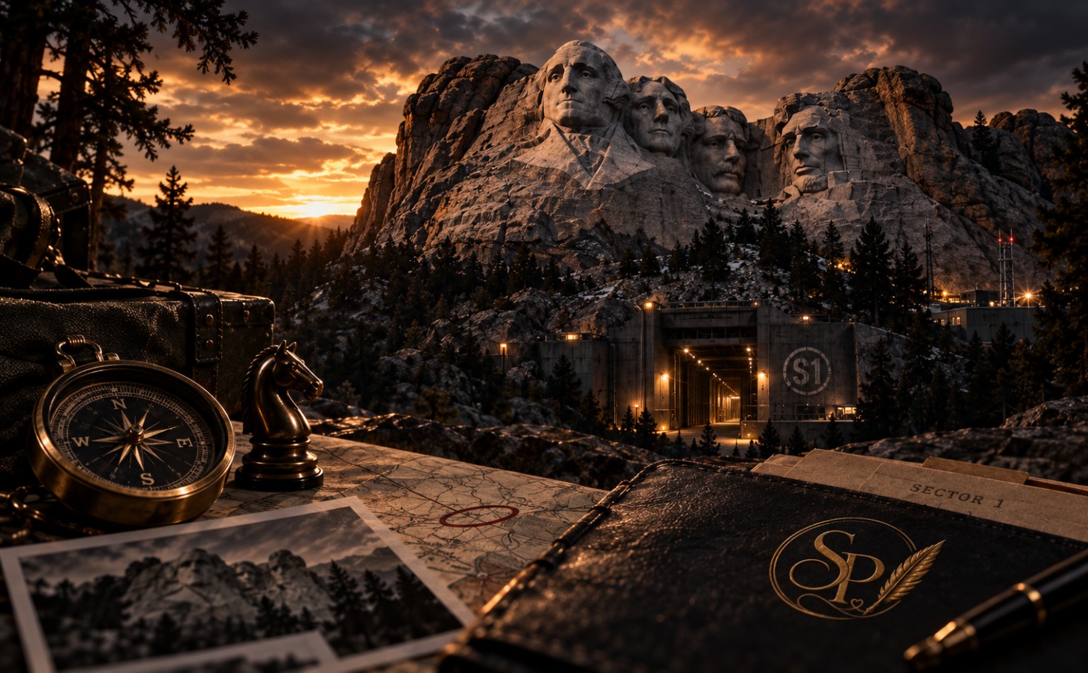 A classified Sector 1 dossier overlooking Mount Rushmore at sunset