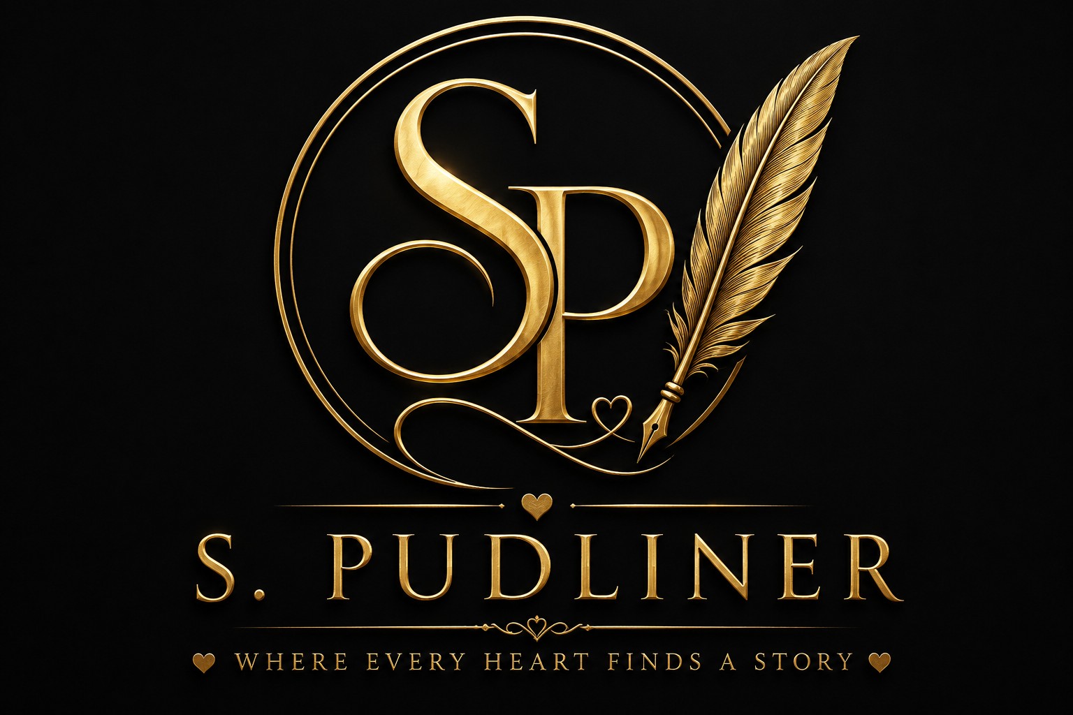 S. Pudliner gold SP feather logo with the words Where Every Heart Finds a Story